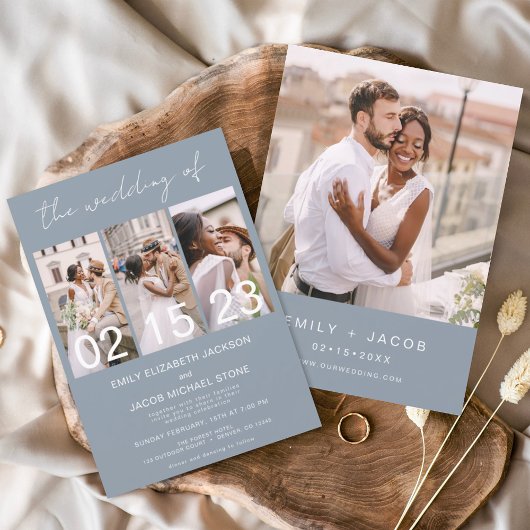 Invitation Dusty Blue Le Mariage de Minimalist Photo Collage