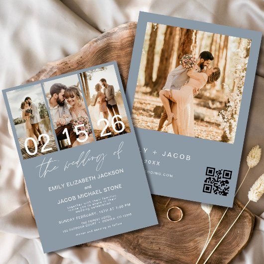Invitation Dusty Blue Le Mariage de Photo QR code Elegant