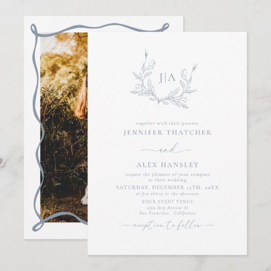 Invitation Dusty Blue Leaf Mariage photo (Devant / Derrière)