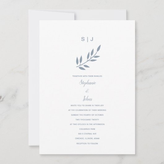 Invitation Dusty Blue Leaf Monogramme Nom Simple Mariage 2024 (Devant)