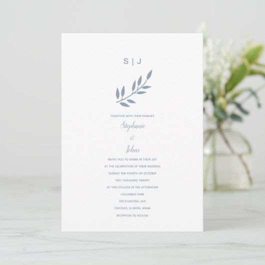 Invitation Dusty Blue Leaf Monogramme Nom Simple Mariage 2024 (Debout devant)