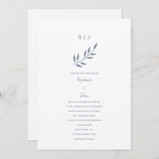 Invitation Dusty Blue Leaf Monogramme Nom Simple Mariage 2024 (Devant / Derrière)