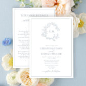 Invitation Dusty Blue Leafy Crest Monogramme Détails Mariage