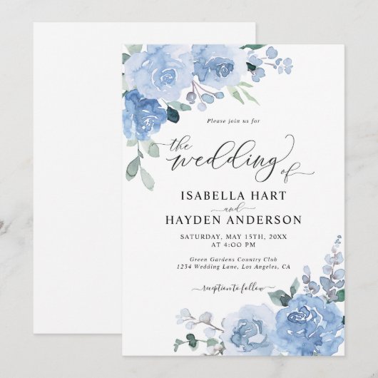 Invitation Dusty Blue Light Botanical Floral Flowers Mariage (Devant / Derrière)