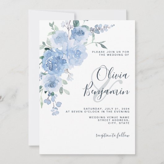 Invitation Dusty Blue Light Pastel Botanique Floral Mariage (Devant)