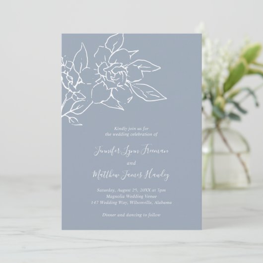 Invitation Dusty Blue Line Art Floral Mariage élégant (Debout devant)