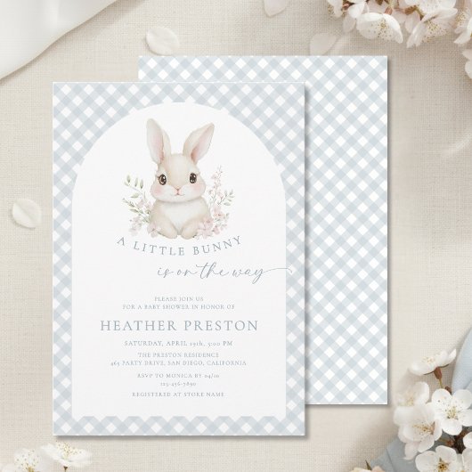 Invitation Dusty Blue Little Bunny Gingham Arch Baby Shower