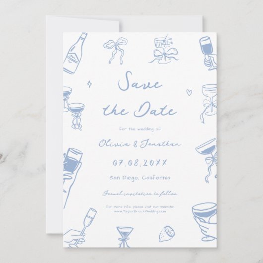 Invitation Dusty Blue Main Drawn Wedding Enregistrer la date (Devant)