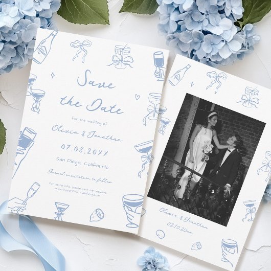 Invitation Dusty Blue Main Drawn Wedding Enregistrer la date