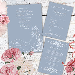 Invitation Dusty Blue main tiré Couple Rustic Mariage