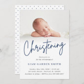 Invitation Dusty Blue manuscrit Script Christening Boy (Devant / Derrière)