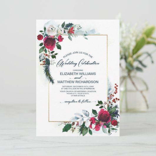 Invitation Dusty Blue | Mariage d'hiver en flamme rouge de Bo (Debout devant)