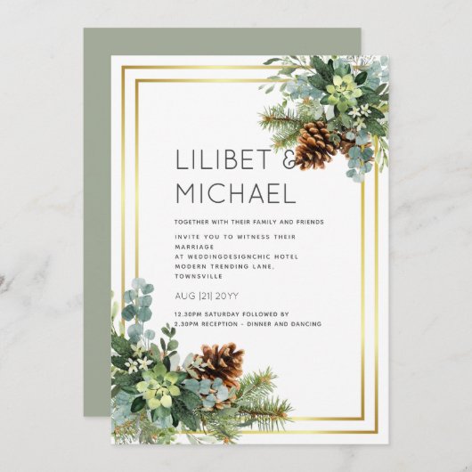 Invitation Dusty Blue Mariage Eucalyptus Budget vert (Devant / Derrière)