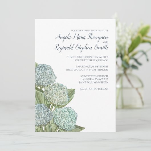 Invitation Dusty Blue Mariage Moderne Hydrangea Simple (Debout devant)
