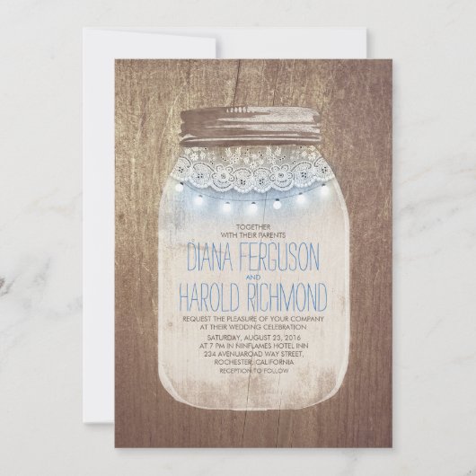 Invitation Dusty Blue Mason Jar Mariage campagnard rustique (Devant)