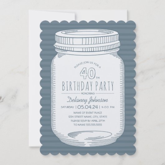 Invitation Dusty Blue Mason Jar Rustic 40e fête d'anniversair (Devant)