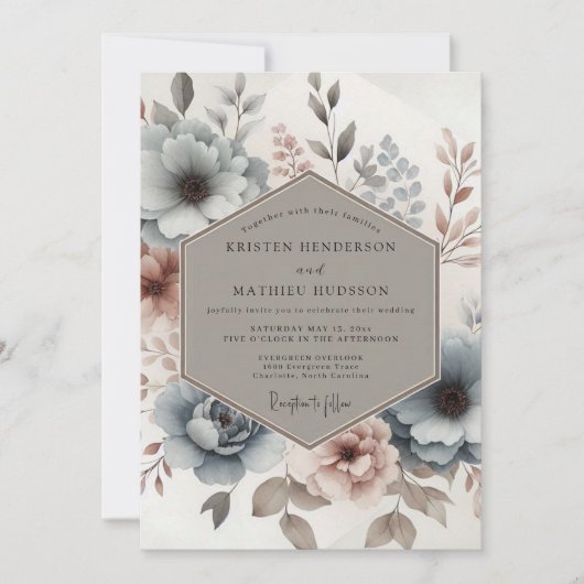 Invitation Dusty Blue Mauve Bloom Wedding (Devant)