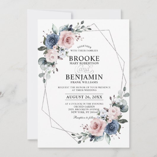 Invitation Dusty Blue Mauve Eucalyptus Mariage géométrique In (Devant)