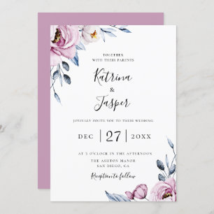 Invitation Dusty Blue Mauve Floral Mariage
