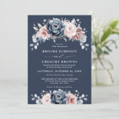 Invitation Dusty Blue Mauve Rose rose ardoise Florale Mariage (Debout devant)