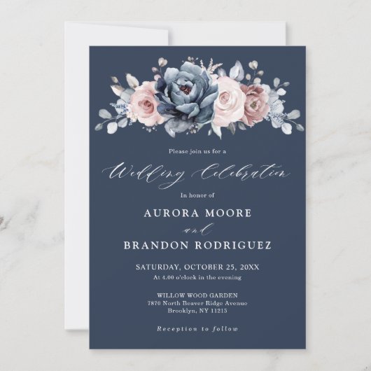 Invitation Dusty Blue Mauve Rose rose ardoise Florale Mariage (Devant)