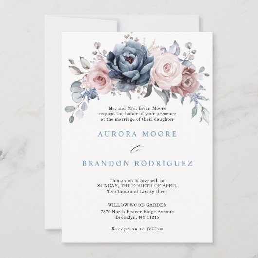 Invitation Dusty Blue Mauve Rose rose ardoise Mariage floral (Devant)