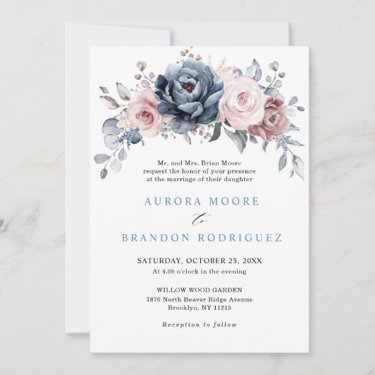 Invitation Dusty Blue Mauve Rose rose ardoise Mariage floral (Devant)