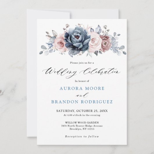 Invitation Dusty Blue Mauve Rose rose ardoise Mariage floral (Devant)