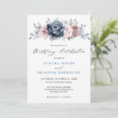 Invitation Dusty Blue Mauve Rose rose ardoise Mariage floral (Debout devant)