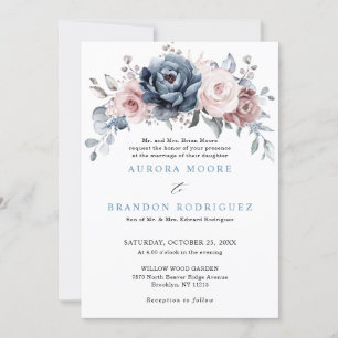 Invitation Dusty Blue Mauve Rose rose ardoise Mariage floral