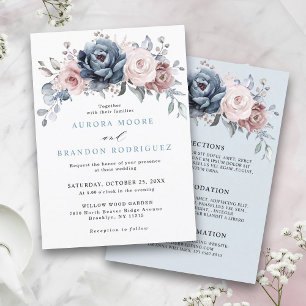 Invitation Dusty Blue Mauve Rose rose ardoise Mariage floral