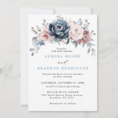Invitation Dusty Blue Mauve Rose rose ardoise Mariage floral (Devant)