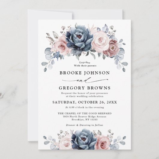 Invitation Dusty Blue Mauve Rose rose ardoise Mariage floral (Devant)