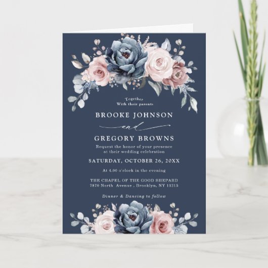 Invitation Dusty Blue Mauve Rose rose ardoise Mariage floral (Devant)
