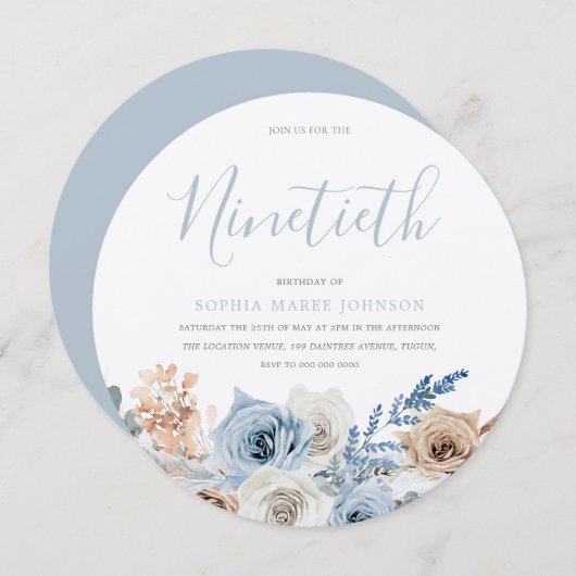 Invitation Dusty Blue Metallic Argent Boho 90e anniversaire (Devant / Derrière)