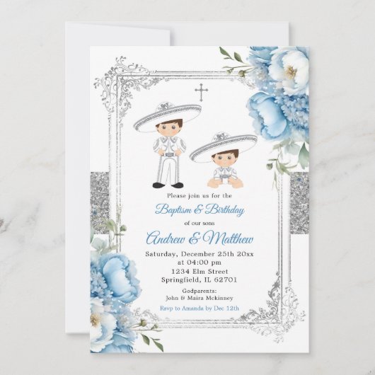 Invitation Dusty Blue Mexicain frères garçons Baptême Anniver (Devant)
