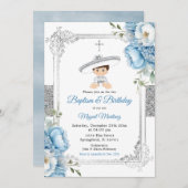 Invitation Dusty Blue Mexicain garçon Baptême & Argent d'anni (Devant / Derrière)