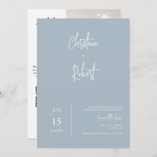 Invitation Dusty Blue Minimal Boho Mariage photo QR Code RSVP (Devant / Derrière)