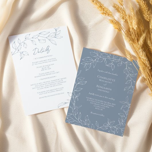 Invitation Dusty Blue Minimal Leaf Détails du Mariage Tout en