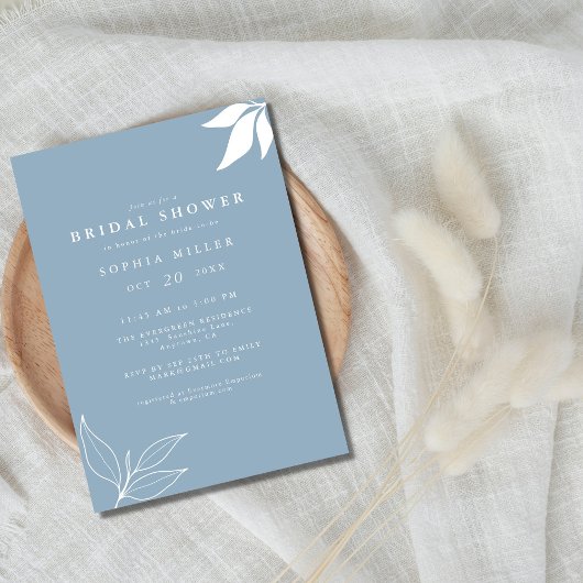 Invitation Dusty Blue Minimalist Branche Feuille Fête des mar