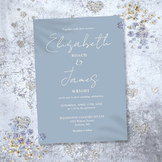 Invitation Dusty Blue Minimalist Élégant Mariage de script