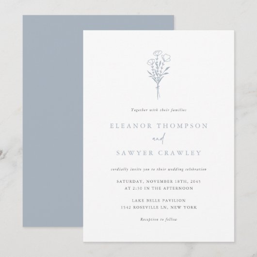Invitation Dusty Blue Minimalist Floral Bouquet Mariage (Devant / Derrière)