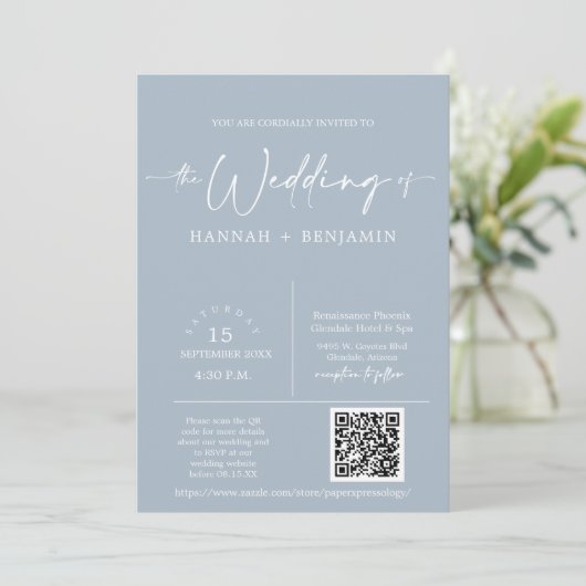 Invitation Dusty Blue Minimalist Mariage Arch QR Code Photo (Debout devant)