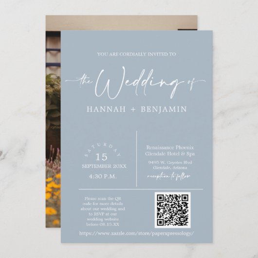 Invitation Dusty Blue Minimalist Mariage Arch QR Code Photo (Devant / Derrière)