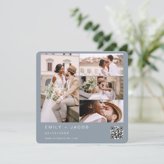 Invitation Dusty Blue Minimalist Photo Code QR Mariage (Debout devant)