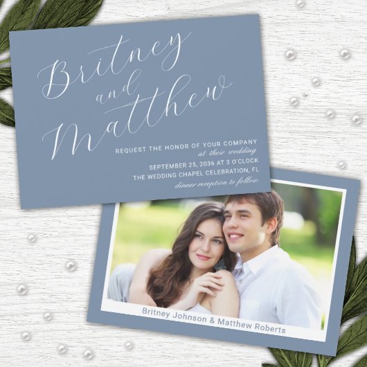 Invitation Dusty Blue Minimalist photo Elegant Mariage de scr
