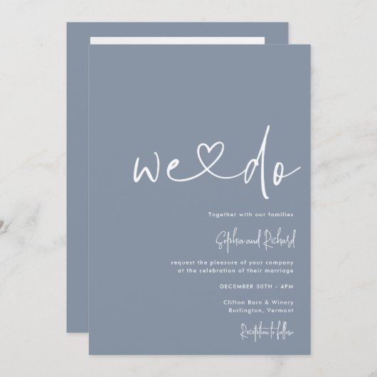 Invitation Dusty Blue Minimalist Script Mariage moderne (Devant / Derrière)