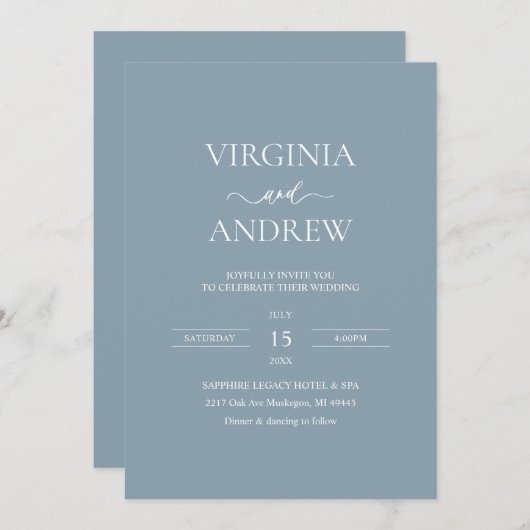 Invitation Dusty Blue Minimalist Wedding Monogram (Devant / Derrière)