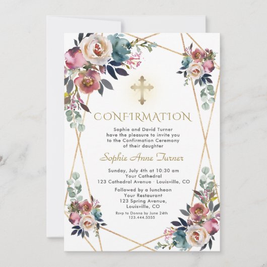 Invitation Dusty Blue Misty Rose Fleurs Gold Confirmation (Devant)