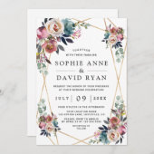Invitation Dusty Blue Misty Rose Floral Mariage or (Devant / Derrière)